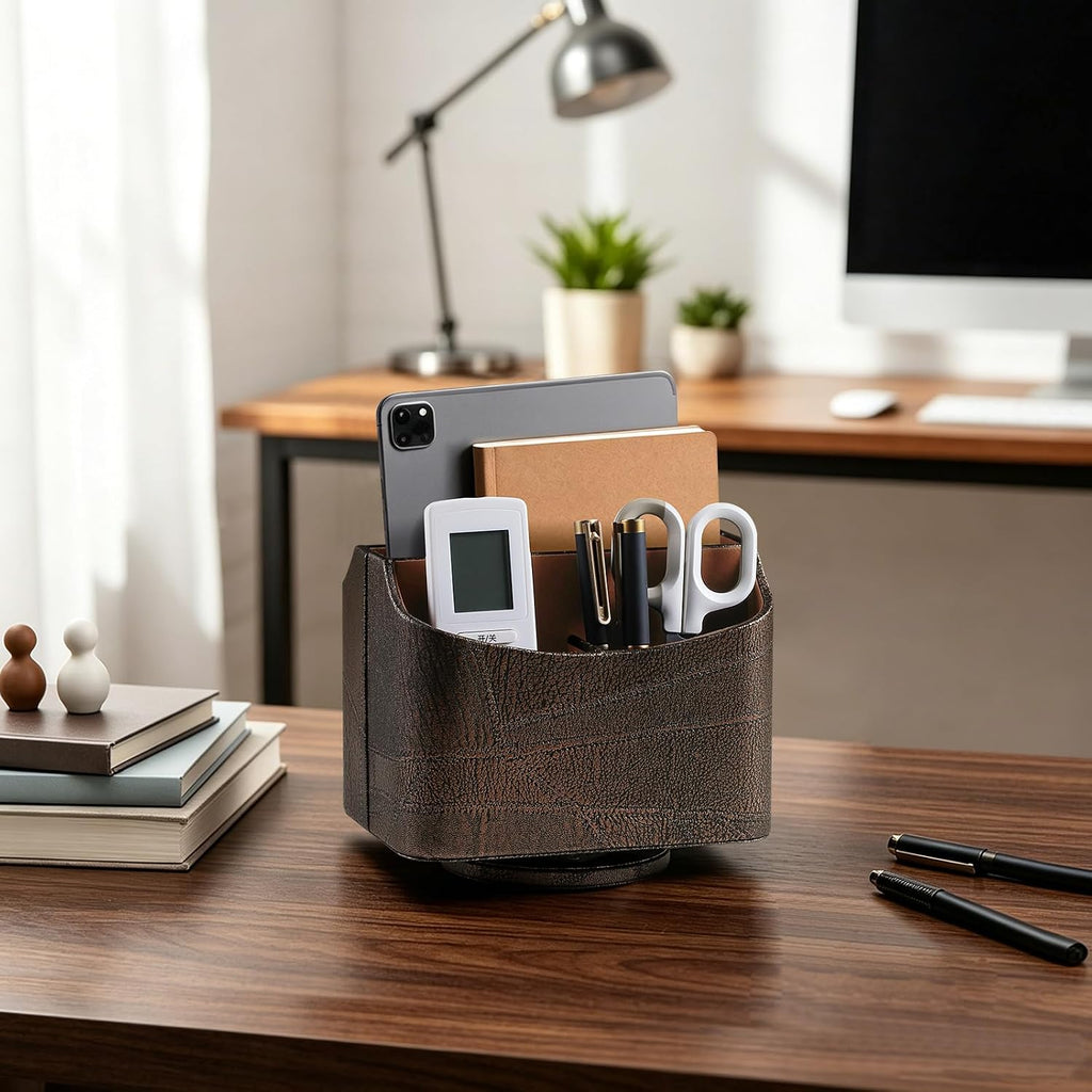 PU Leather Remote Control Holder, 360 Degree Rotating Desk Organizer Luxury Desktop Storage Rack, Rotating Bedside Storage Box for Desktop Office Living Room Bedroom (Brown Vintage)