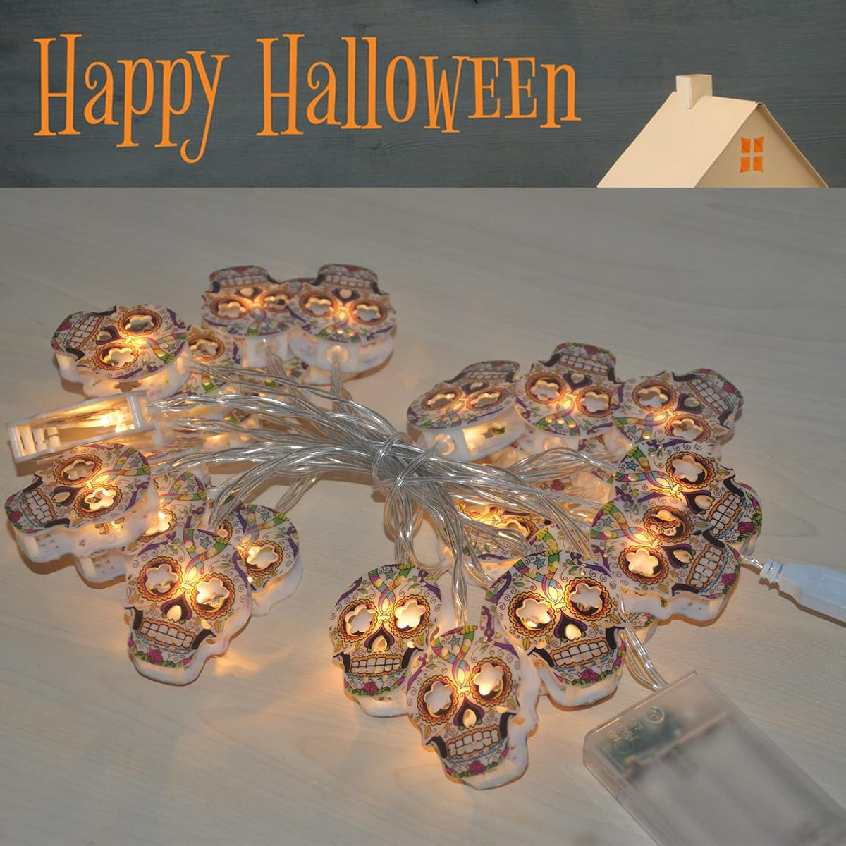 Halloween String Lights, 15 FT 30 LED Halloween Skull Fairy Lights Decor