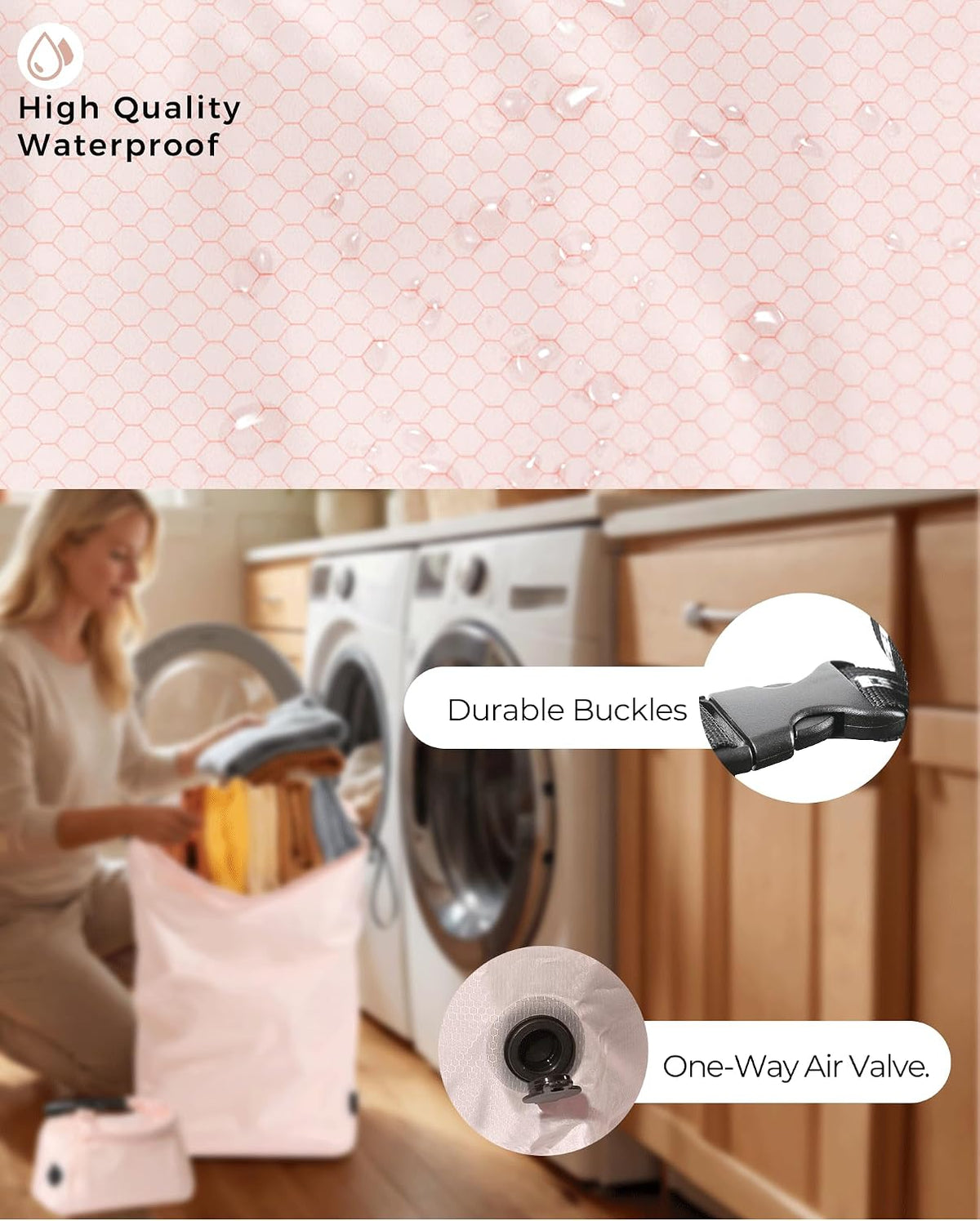 Compression Travel Laundry Bag for Dirty Clothes, Pump-Free Laundry Bag for Suitcase & Dorm, Waterproof Wet Dry Clothes Organizer, Large Capacity Space Saving Travel Bag (1 Pcs)(Pink, M)