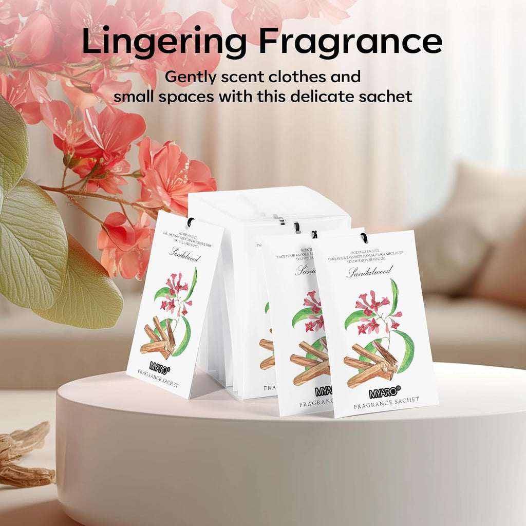 MYARO 12 Pack Sandalwood Scented Sachets, Closet Deodorizer Car Freshener