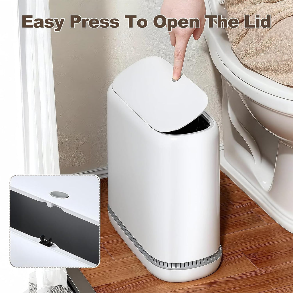 Spreezy Small Bathroom Trash Can with Lid, One-Touch Press, 2.3 Gallon