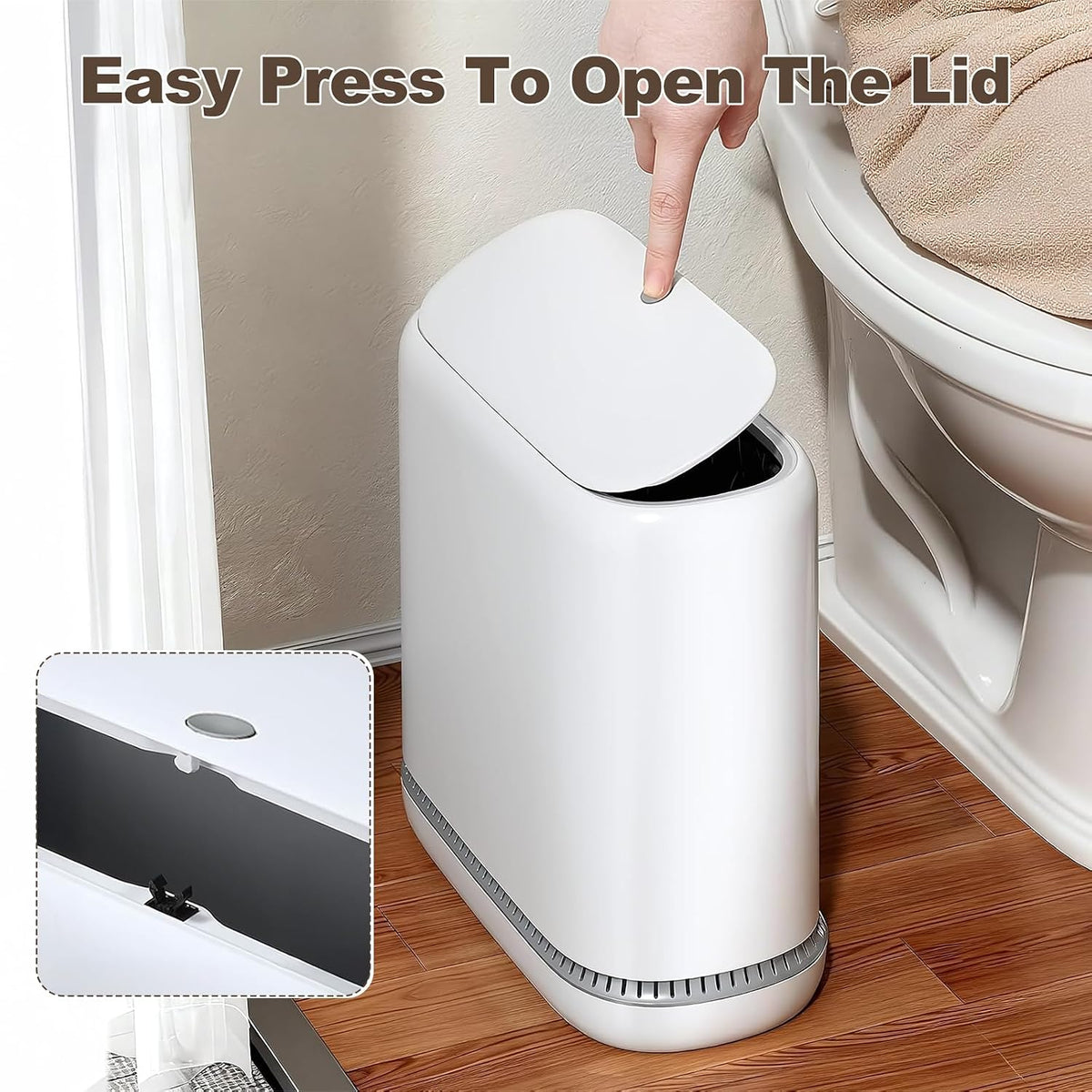 Spreezy Small Bathroom Trash Can with Lid, One-Touch Press, 2.3 Gallon