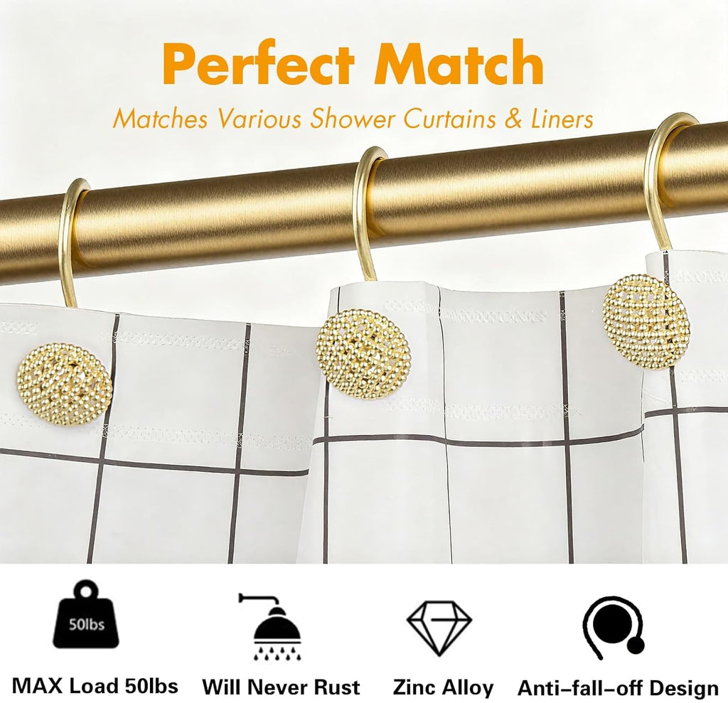 Pearlbee Gold Shower Curtain Hooks, 12Pcs Rustproof Heavy Duty Zinc Alloy