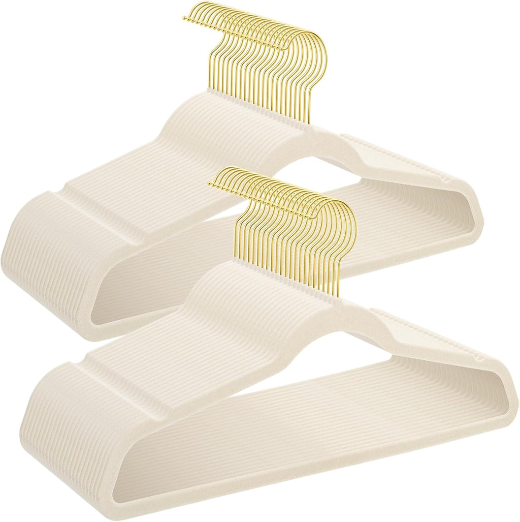 UNEED Ivory Velvet Hangers with Golden Hooks, 36 Pack - Ultra Thin Space Saving, Non-Slip Clothes Hangers for All Clothing, Dorm & Closet Organization (Heavy Duty, Anti-Scratch,360° Protection)