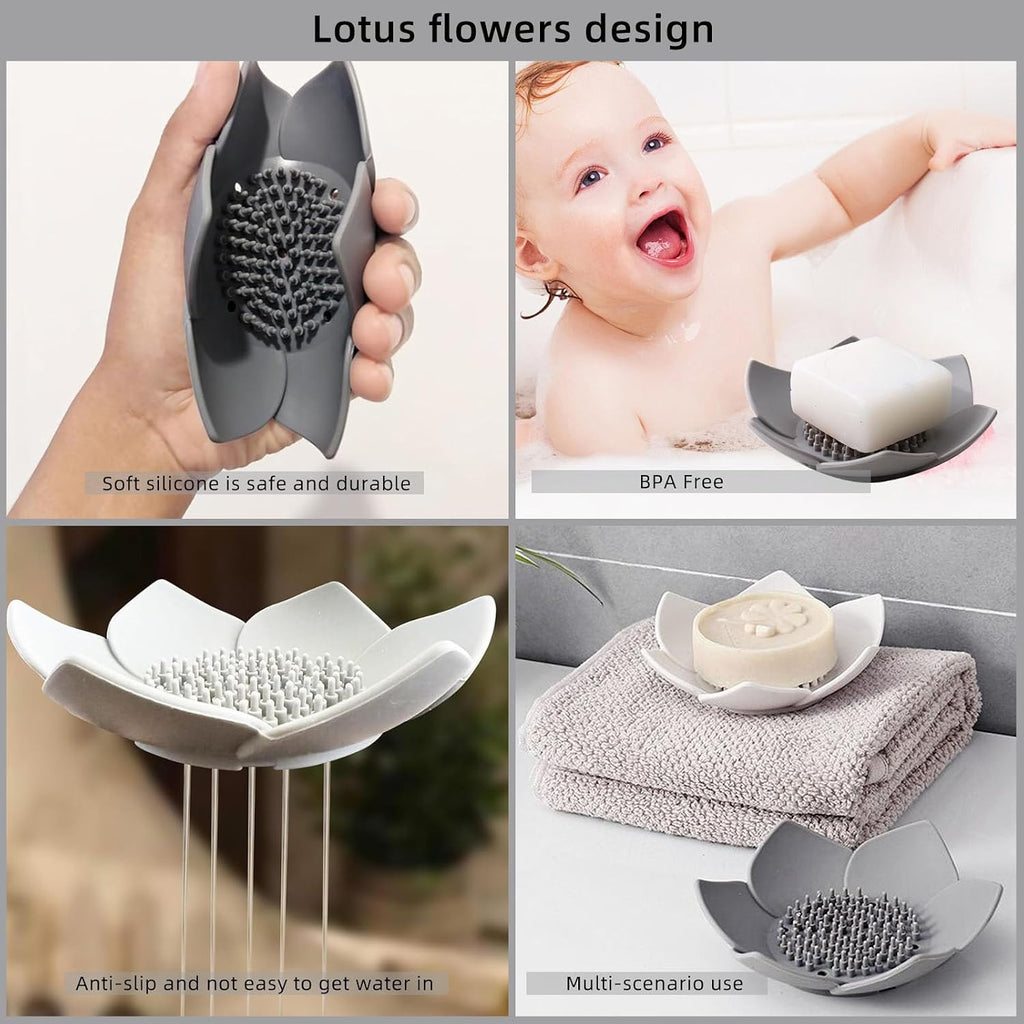 2 Pack Shower Steamer Tray,Flexible Non-Slip Silicone Soap Dish,Lotus Flowers Soap Dish with Drain for Kitchen Bathroom Shower Bathtub Counter (White/Grey)