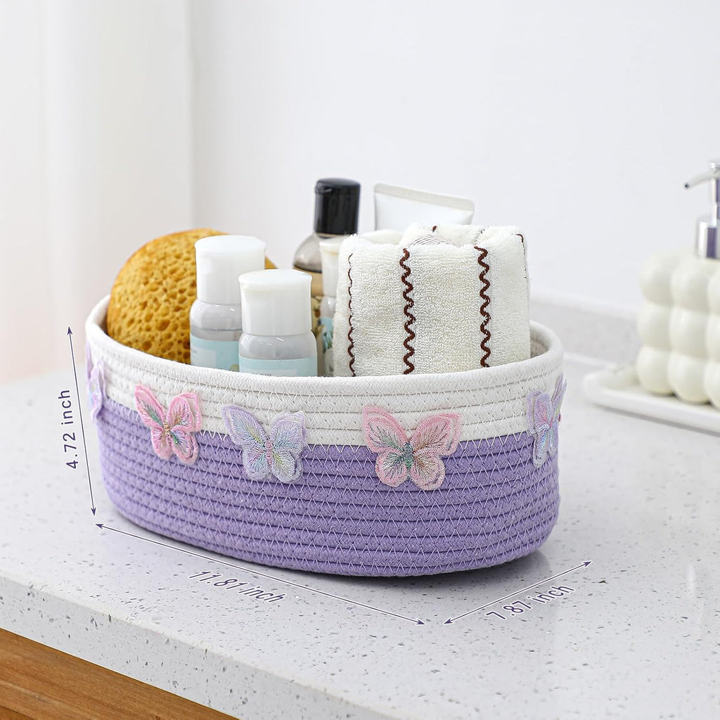 Geelin 3 Pcs Purple Baskets for Gift Cute Butterfly Woven Rope Gift Baskets Rectangle Shelf Organizer Laundry Hamper Storage Bins for Closet Bedroom Decor Nursery Toys Organizing, 11.8''x7.8''x4.7''