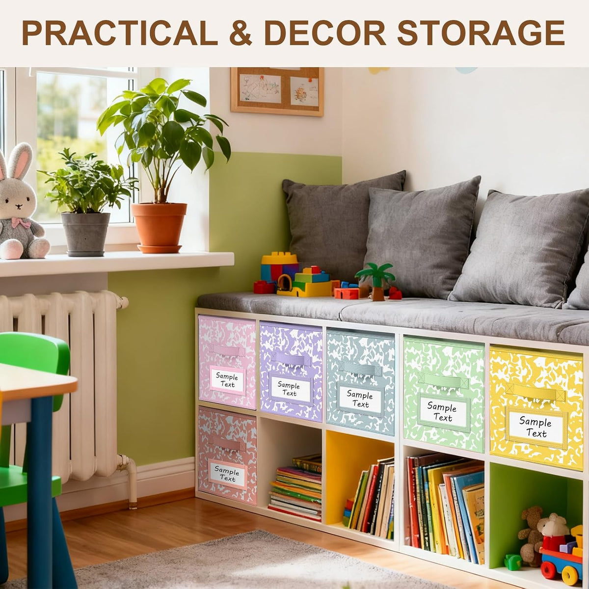 LemonRoad 6 Fabric Cube Storage Bin 11'' Classroom Bin, Macaron, Label