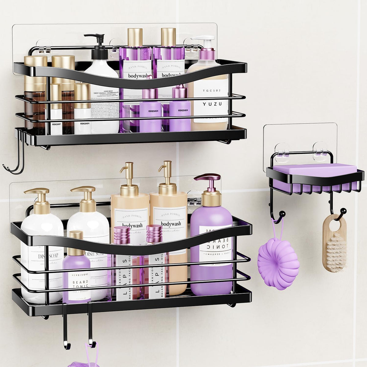 ODesign 3 Pack Adhesive Shower Caddy,Stainless Steel Shower Shelves,Black
