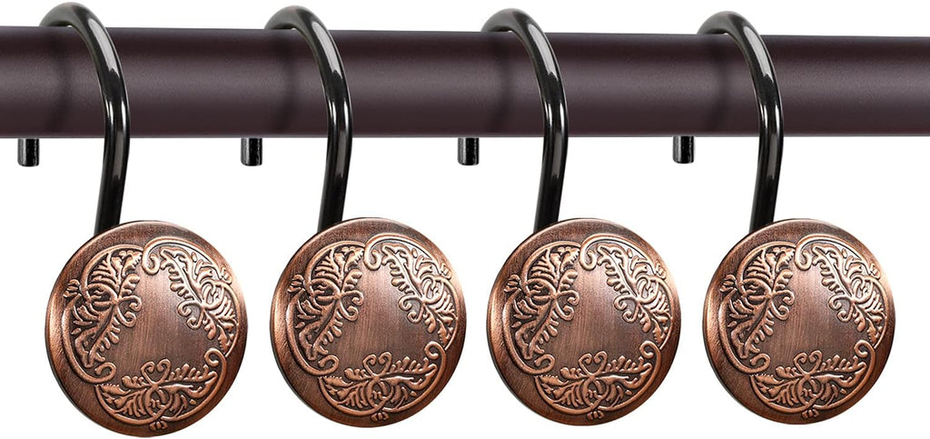Chictie Bronze Shower Curtain Hooks Rings-Oil Rubbed Decorative Shower Curtain Hooks,Set of 12 Metal Rustproof Shower Hangers Rings for Bathroom Curtains Rods Vintage Brown Pattern Design