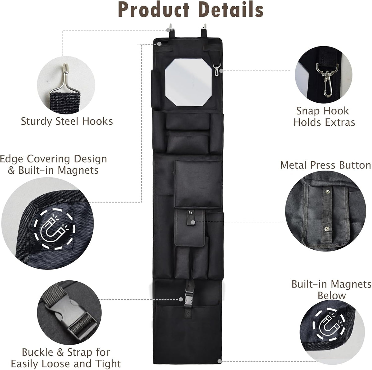 Police Style Magnetic Hanging Locker & Closet Door Organizer, Multiple Size Pockets - 51.2 x 11 Inches, with 4 Corner Magnets for Police, Security, Law Enforcement Lockers (Black)