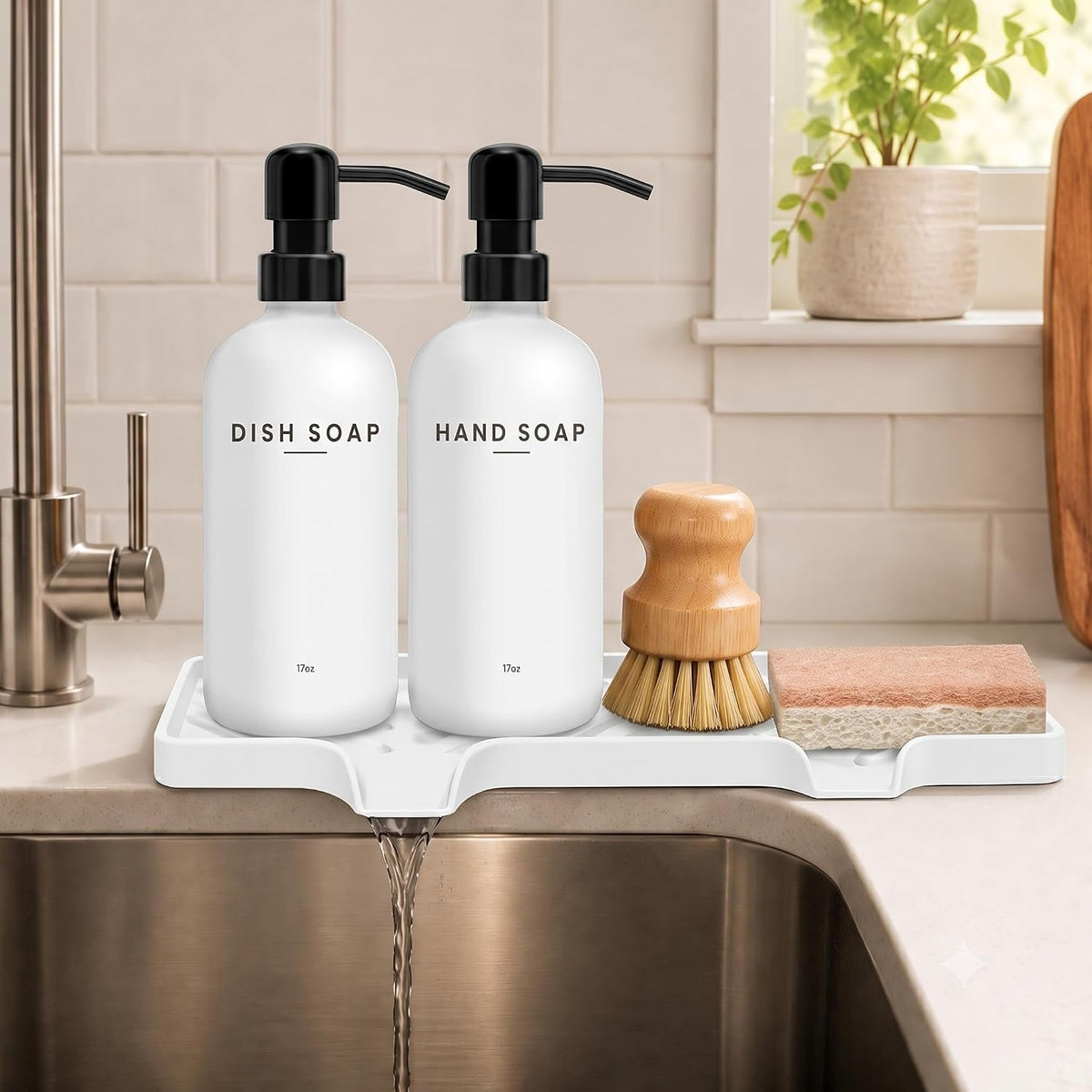 Kitchen Soap Dispenser Set with Self Draining Silicone Tray, Sponge, Brush