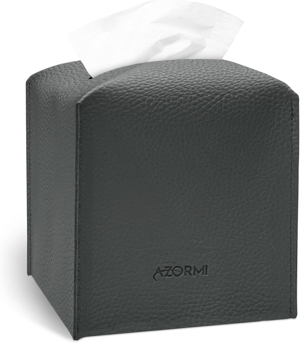 Tissue Box Cover Holder, PU Leather Tissue Box Cover Square with Bottom Belt, Cube Tissue Holder for Bathroom, Modern Organizer for Car, Office, Tabletop (Charcoal, 14 Leather Patterns)