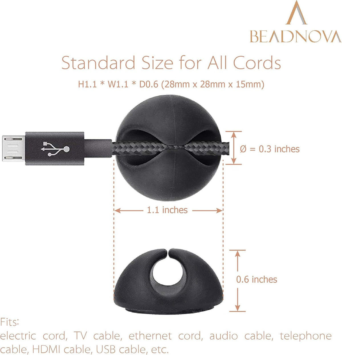 BEADNOVA Cable Clips Cord Organizer Cable Management Wire Cord Holder 1 Slots Adhesive Wire Holder for Car Charging Accessory PC Office Home (Black, 8 pcs)