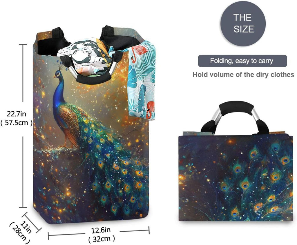 Large Laundry Hamper, Peacock Christmas Atmosphere Laundry Basket Foldable Clothes Bag with Handle Foldable Washing Bin