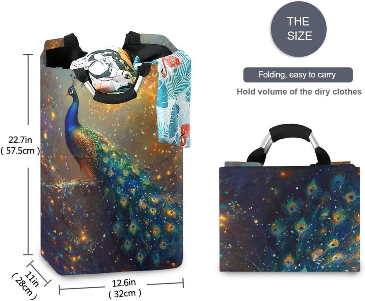 Large Laundry Hamper, Peacock Christmas Atmosphere Laundry Basket Foldable Clothes Bag with Handle Foldable Washing Bin