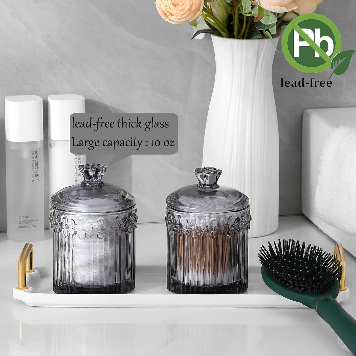 rejomiik 2 Pack Qtip Holder Glass Apothecary Jars with Lids, Gray