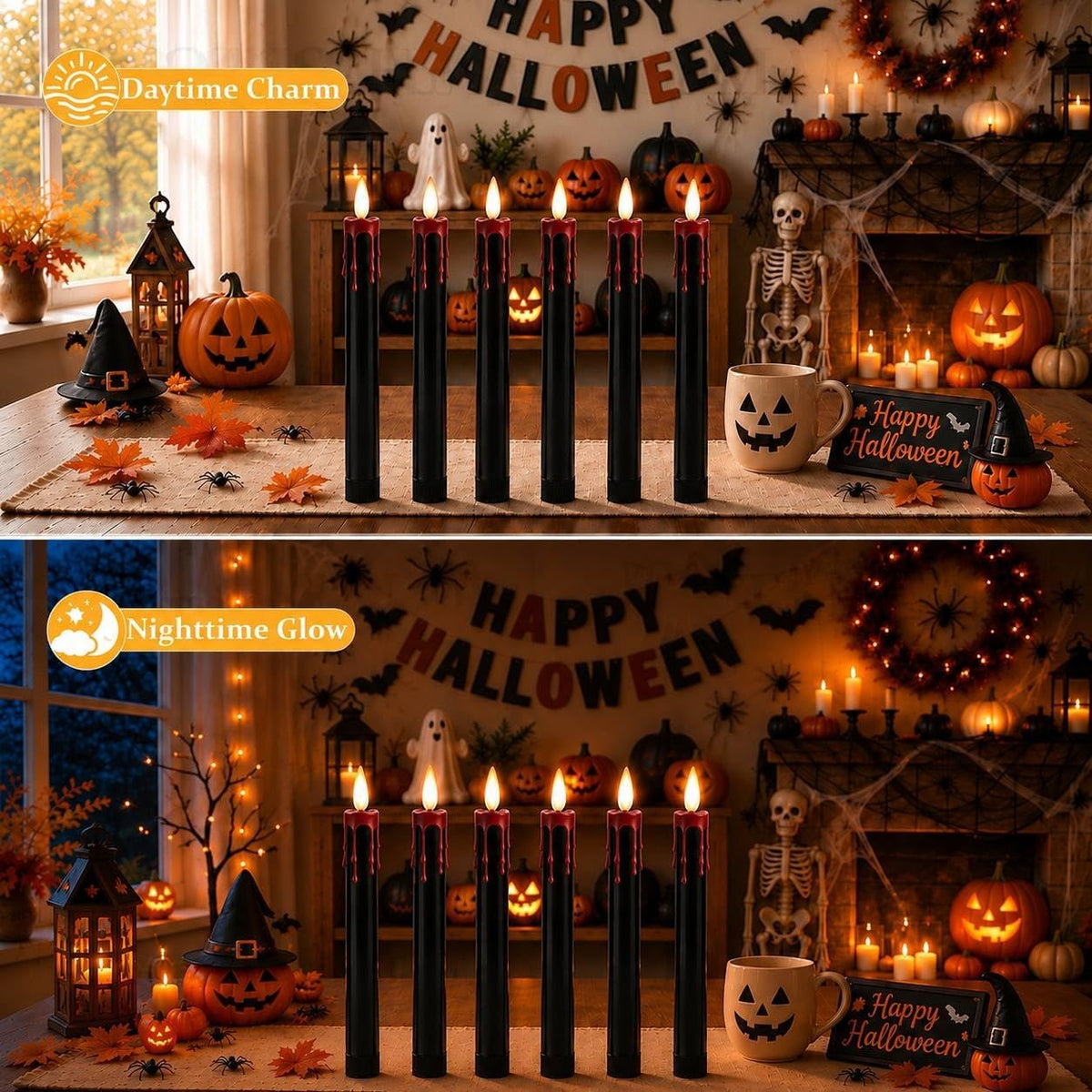 Dusk&Decorum 6 Pack Halloween Tapered Candles with Remote, Black Halloween Flameless Candles with Red Dripping Wax, Battery Operated LED Halloween Candles for Table, Mantel & Indoor Decor