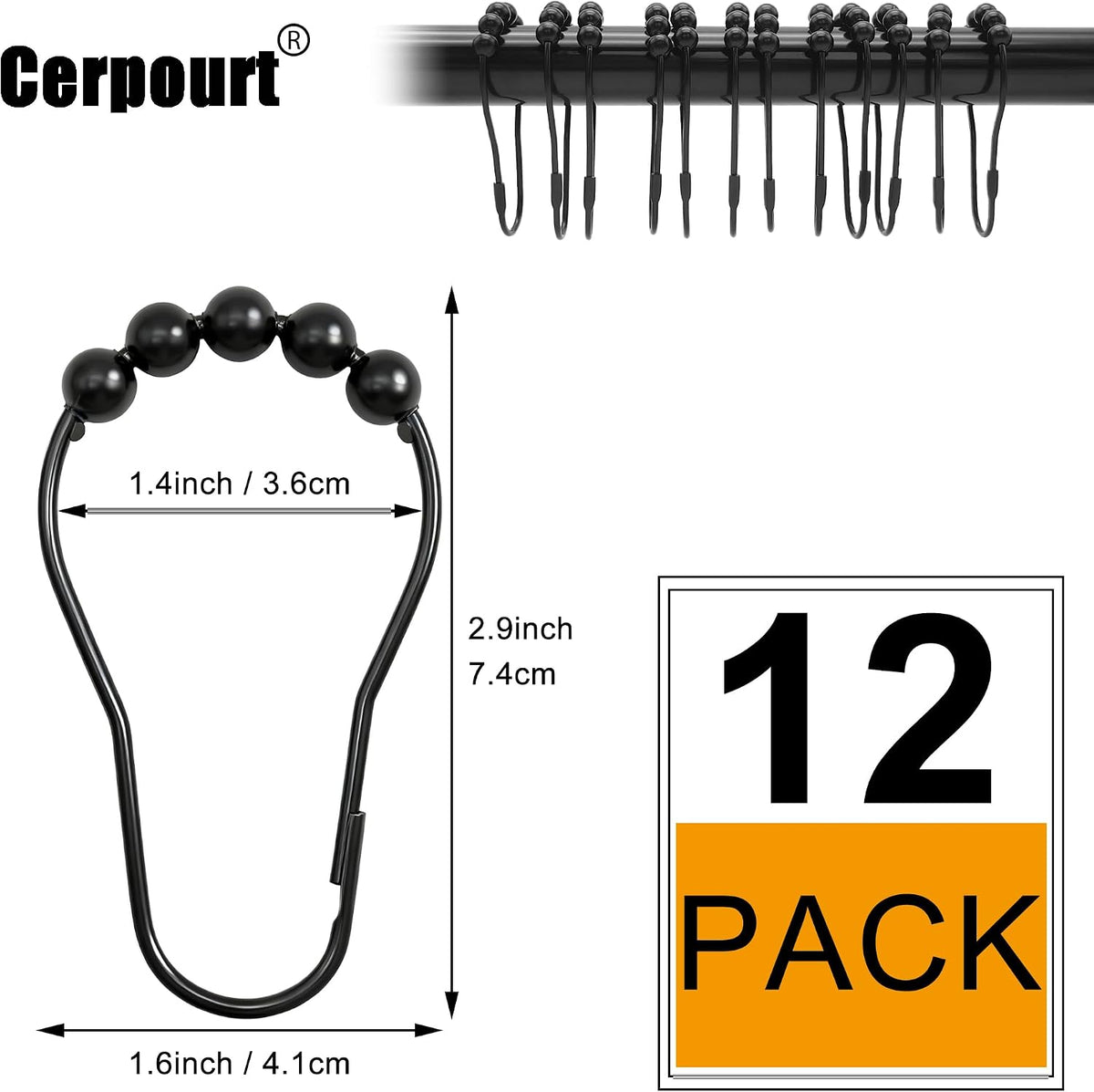 Shower Curtain Hooks Rings,12 Pcs Decorative Rustproof Metal Shower Hooks for Shower Curtain,Free Sliding Shower Hooks for Bathroom Shower Rods,Easy Snap Shower Rings for Curtain (Black)