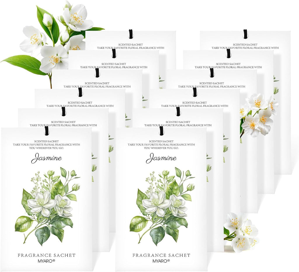 MYARO 12 Pack Jasmine Scented Sachets, Closet Deodorizer Car Air Freshener