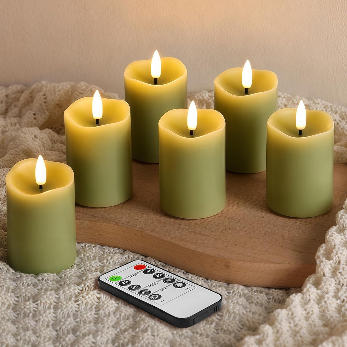 Sage Green Flameless Votive Candles with Remote Batteries Set of 6