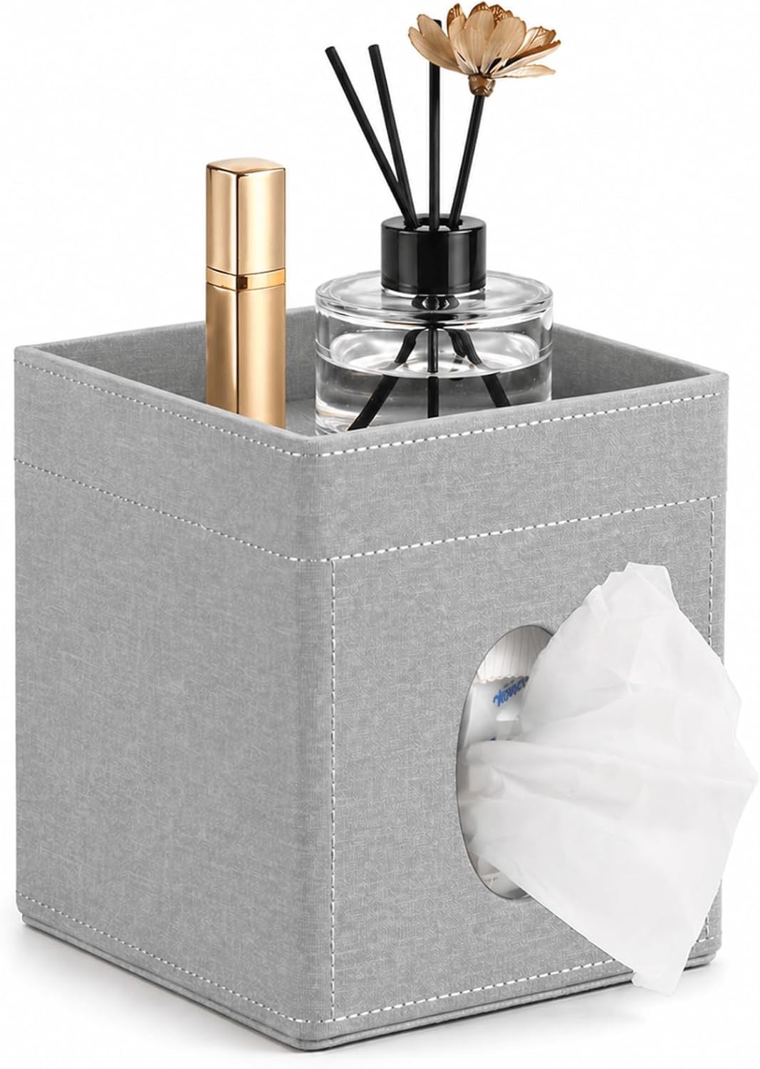 LAMOTI Tissue Box Cover Square with Storage, PU Leather Cube Tissue Holder