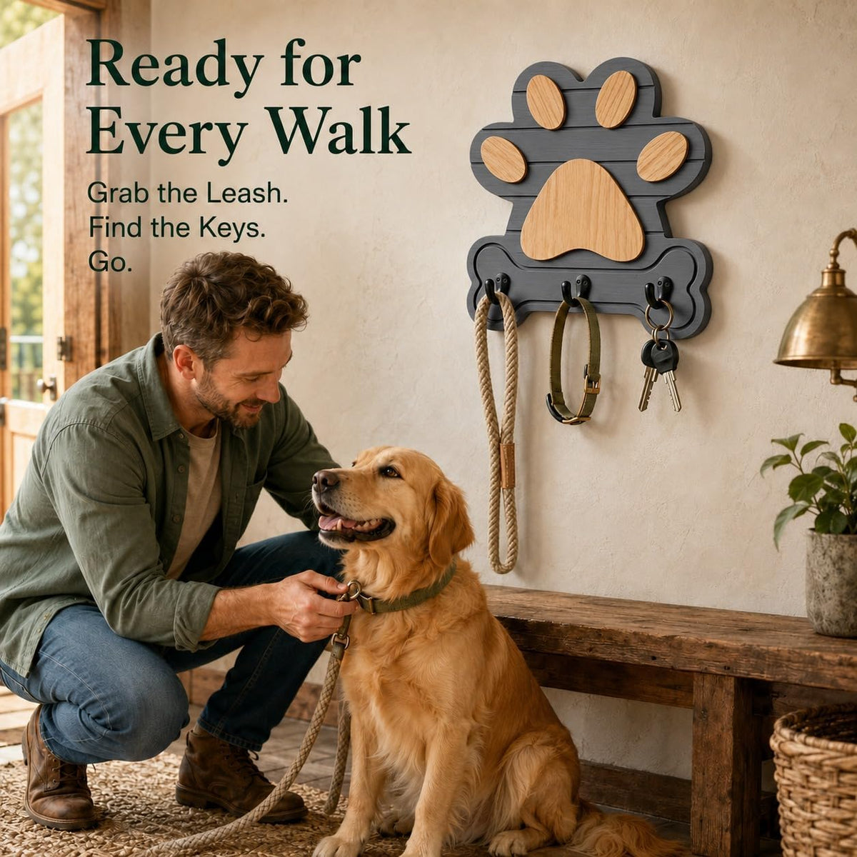2pcs Dog Leash Holder for Wall, Dog Leash Holder, Dog Leash Hooks for Wall,Dog Leash Hanger,Dog Paw Key Holder,Wall Mounted Dog Leash and Key Holder,Rustic Pine Wood Decor for Home Entryway（Grey）
