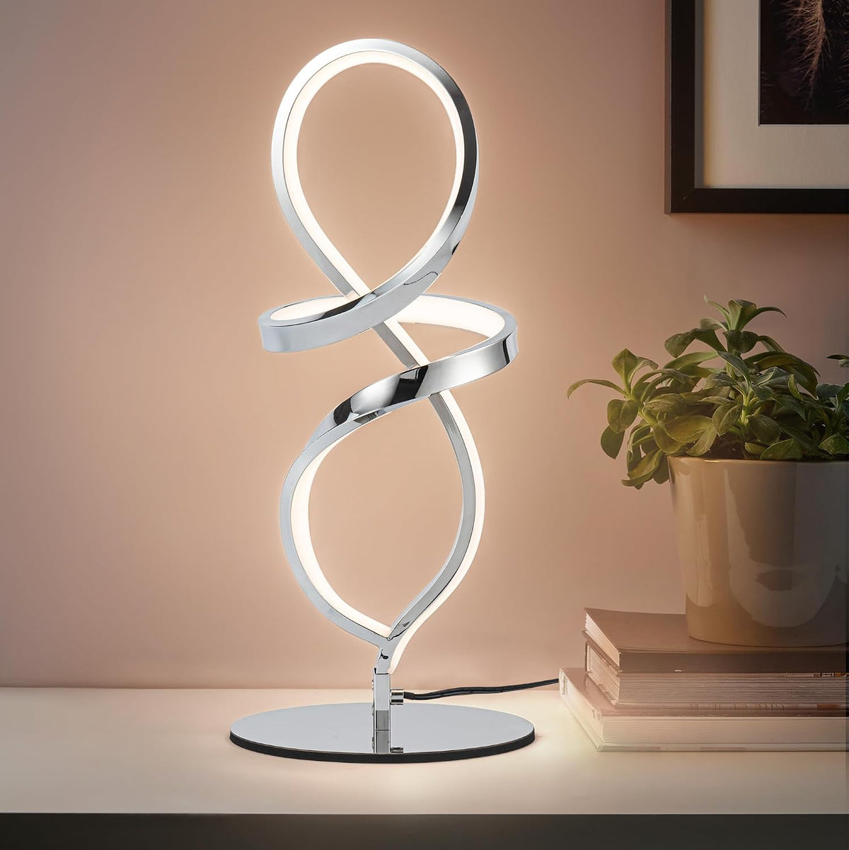 Modern Small Table Lamp with LED Spiral Design, 12W Chrome Nightstand Lamp