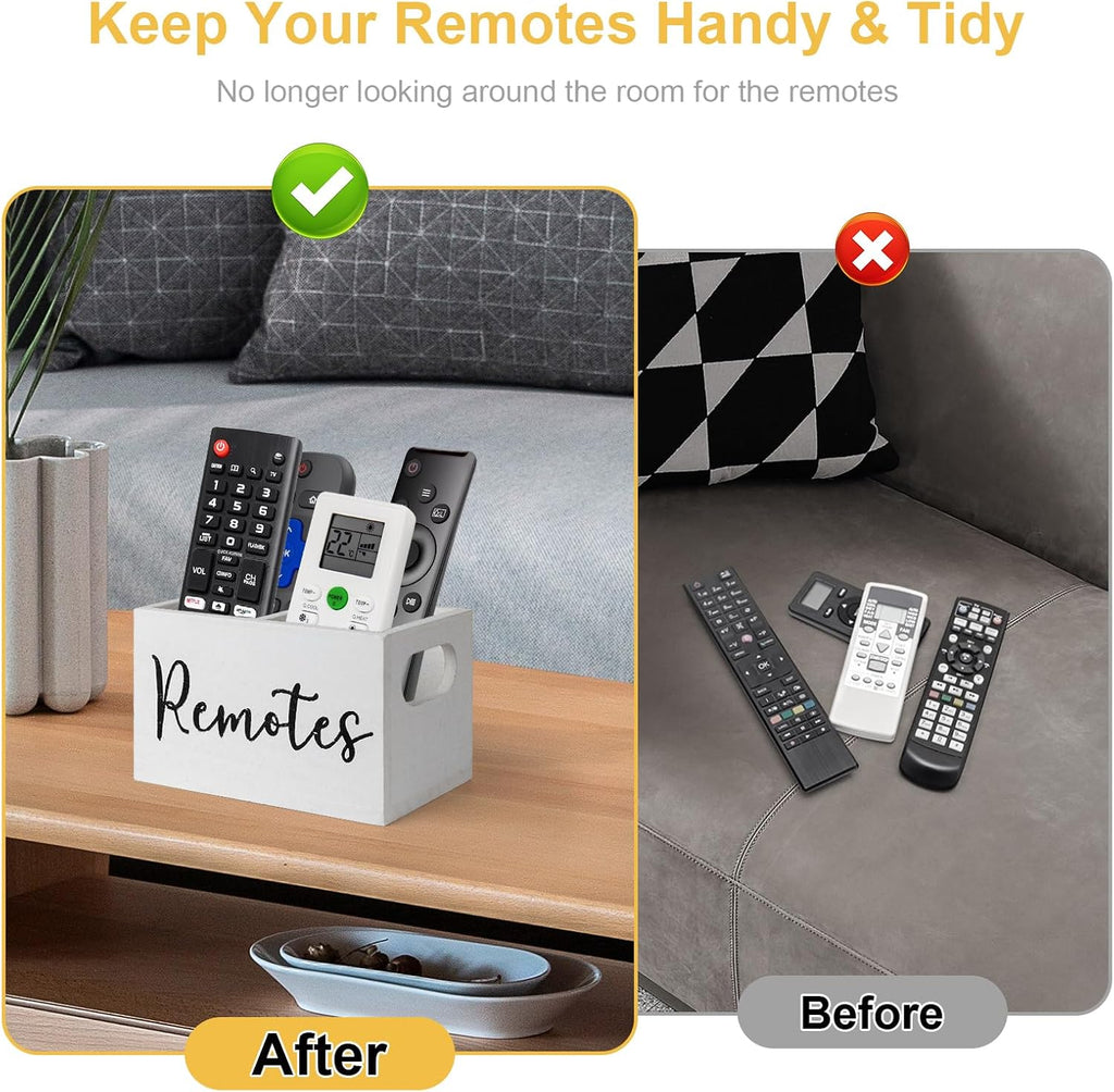 Remote Control Holder, Wooden TV Remote Holder for Table, Remote Caddy Organizer with 2 Compartments, Media Storage Box for Nightstand, Couch (White)