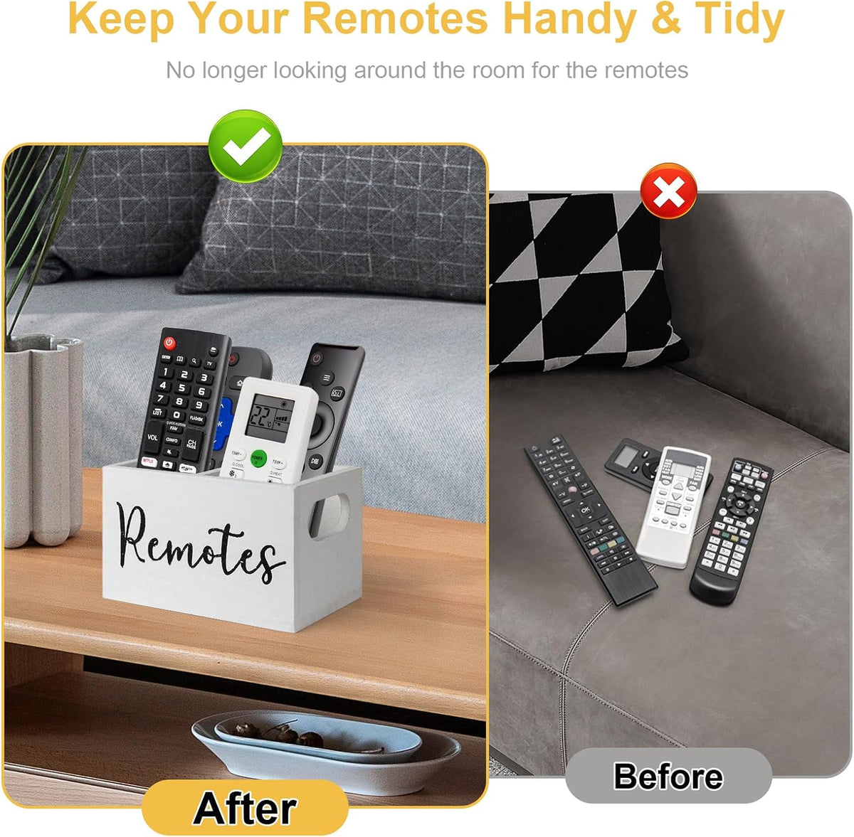 Remote Control Holder, Wooden TV Remote Holder for Table, Remote Caddy Organizer with 2 Compartments, Media Storage Box for Nightstand, Couch (White)