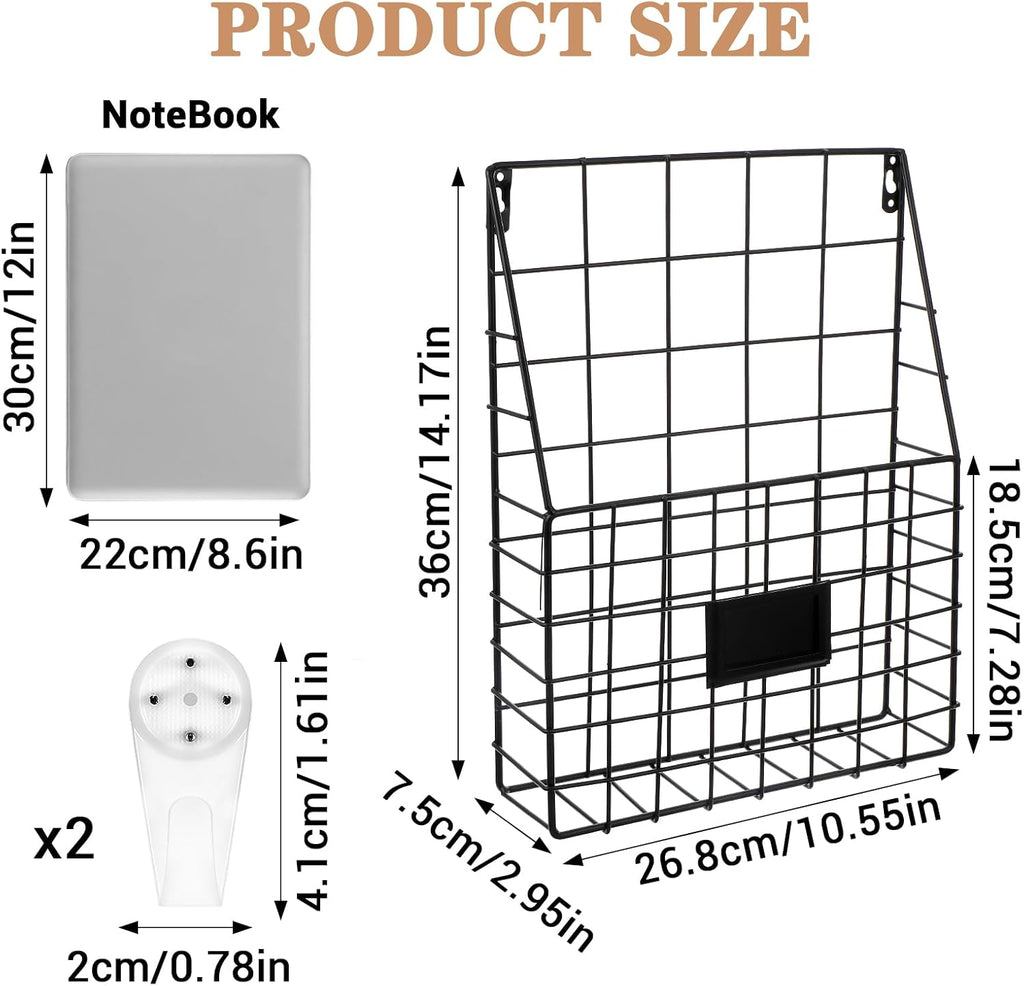 1 Pc Storage Racks, Metal Wire Wall Mounted Magazine Holder, Wall Hanging Organizer holder for Mail Files, Newspapers, Magazines with Tag Slot for Office, Home Organization, Black