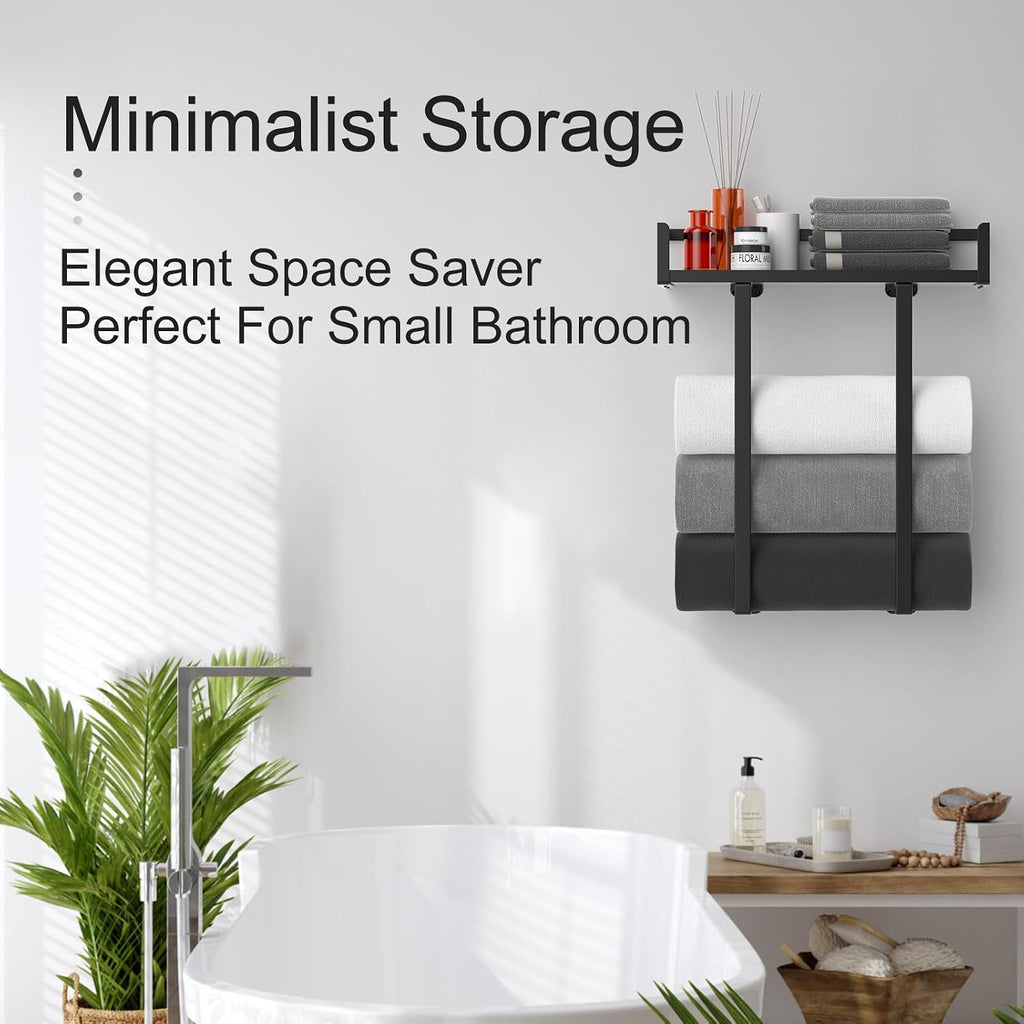Towel Racks for Bathroom Wall Mounted, Xstydes Metal Towel Holder with Wooden Shelf for Folding Large Towels, Towel Storage for Small Bathroom Organizer Decor or RV Camping, Black