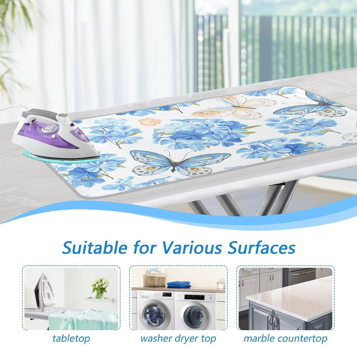 Blue Floral Butterfly Ironing Mat Portable Ironing Pad Blanket with Silicone Iron Rest for Table Top Travel Heat Resistant Double-Side Using Large 47x28 Inch Foldable