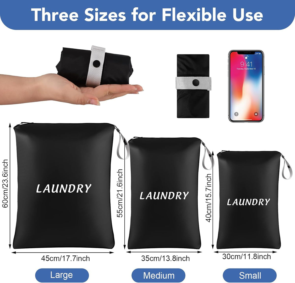 Dntorx 3 Pcs Travel Laundry Bags Dirty Clothes Travel Bag, Foldable Waterproof Laundry Bag with Sturdy Handle for Family Beach Gym Pool Yoga Workout College Dorm Swimsuit Diaper Storage, Black