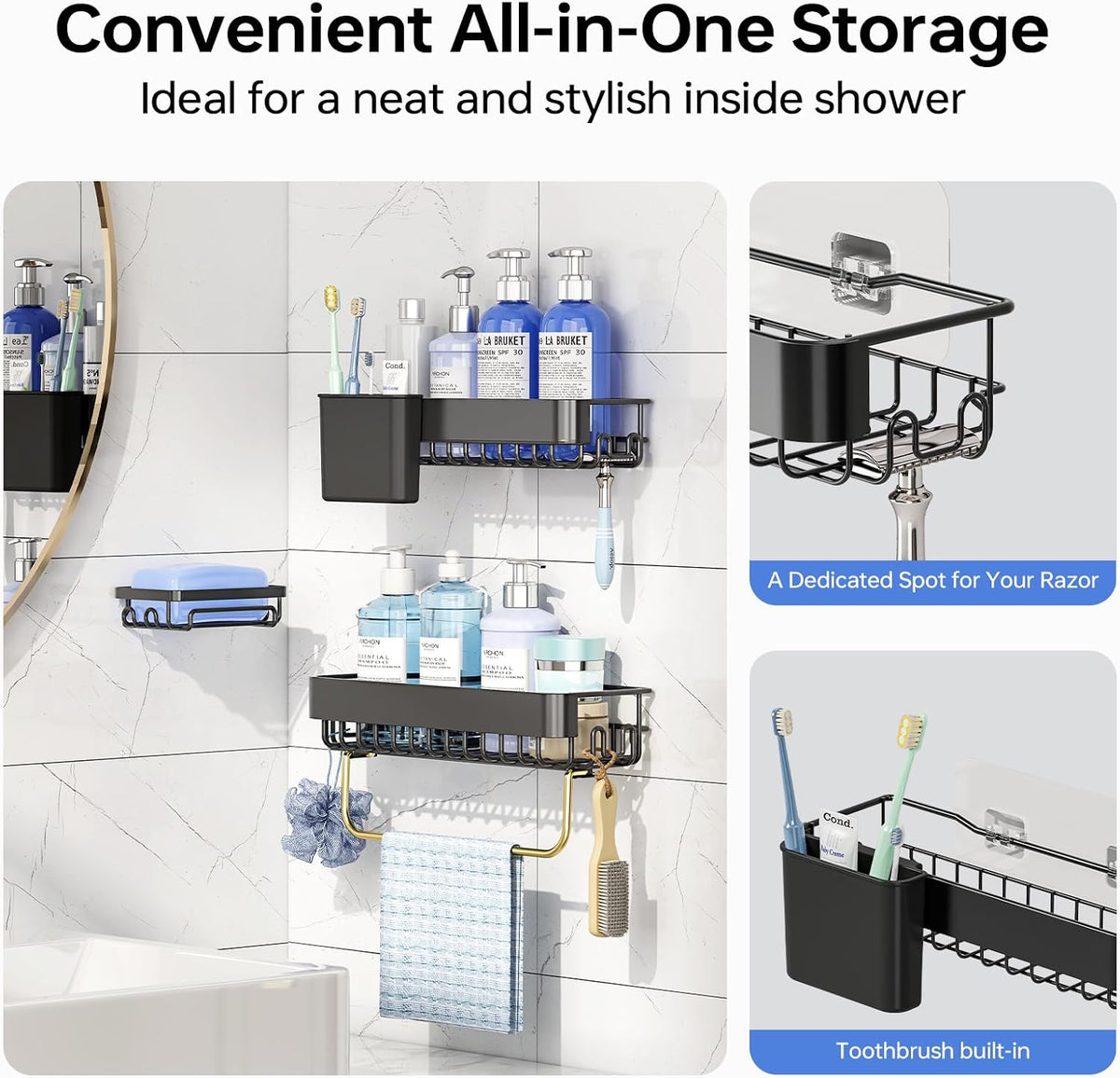 KINGRACK Shower Caddy Adhesive 4-Piece Rust-Resistant Shower Shelves, No-Drill Bathroom Shower Organizer with Large Capacity for Bathroom, Kitchen, and Laundry,Black