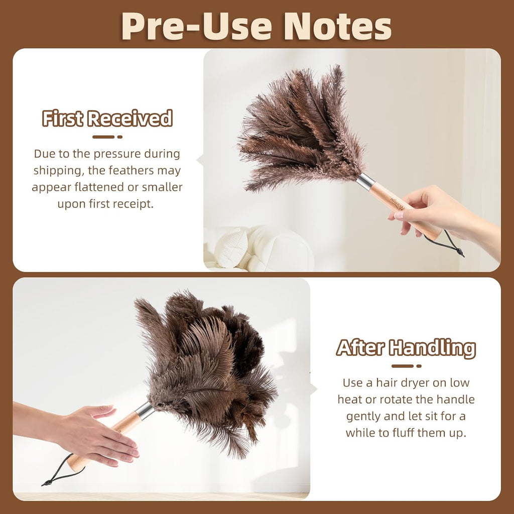 2 Pack Ostrich Feather Dusters for Cleaning with Wooden Handle, 13.5 inch