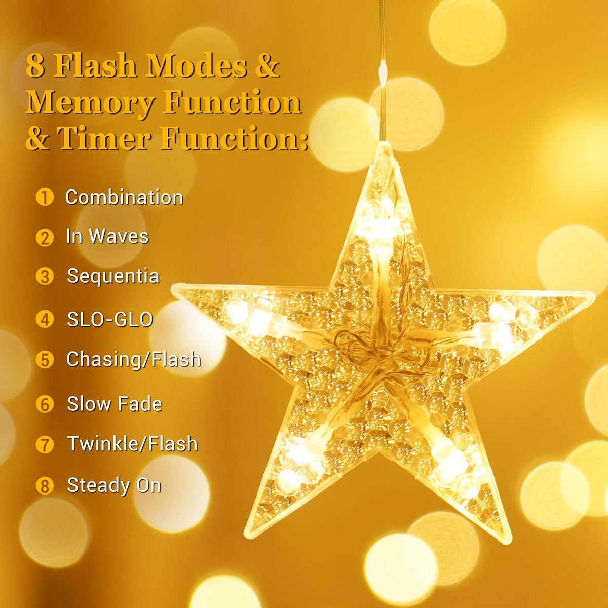 Marchpower 9 Stars Curtain Lights Warm White, IP65 Battery Operated Christmas Star Window Curtains with Timer & Memory Function, 76 LED String Lights with 8 Modes and 10 Hooks for Xmas Decor