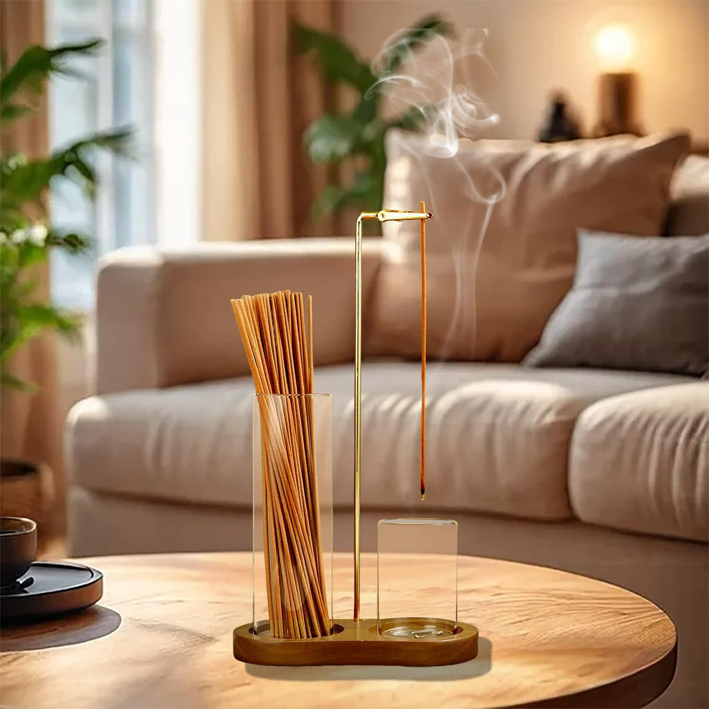 2 in 1 Incense Holder for Sticks, Anti-Ash Flying Incense Burne with Glass Ash Catcher and Incense Sticks Organizer for Meditation Yoga Spa Home Decor (Dark Base)