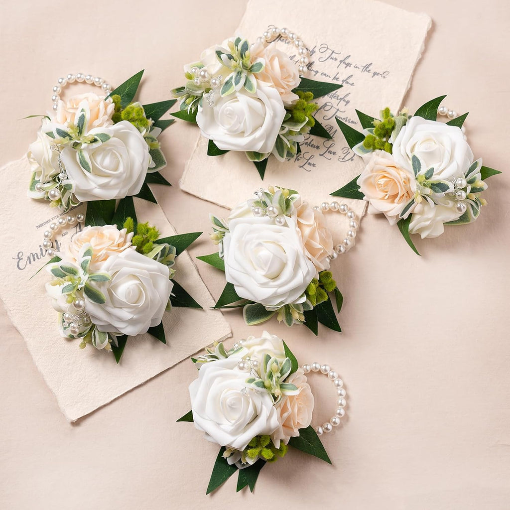 White Wrist Corsages, Set of 6,Faux Flowers for Women Wedding