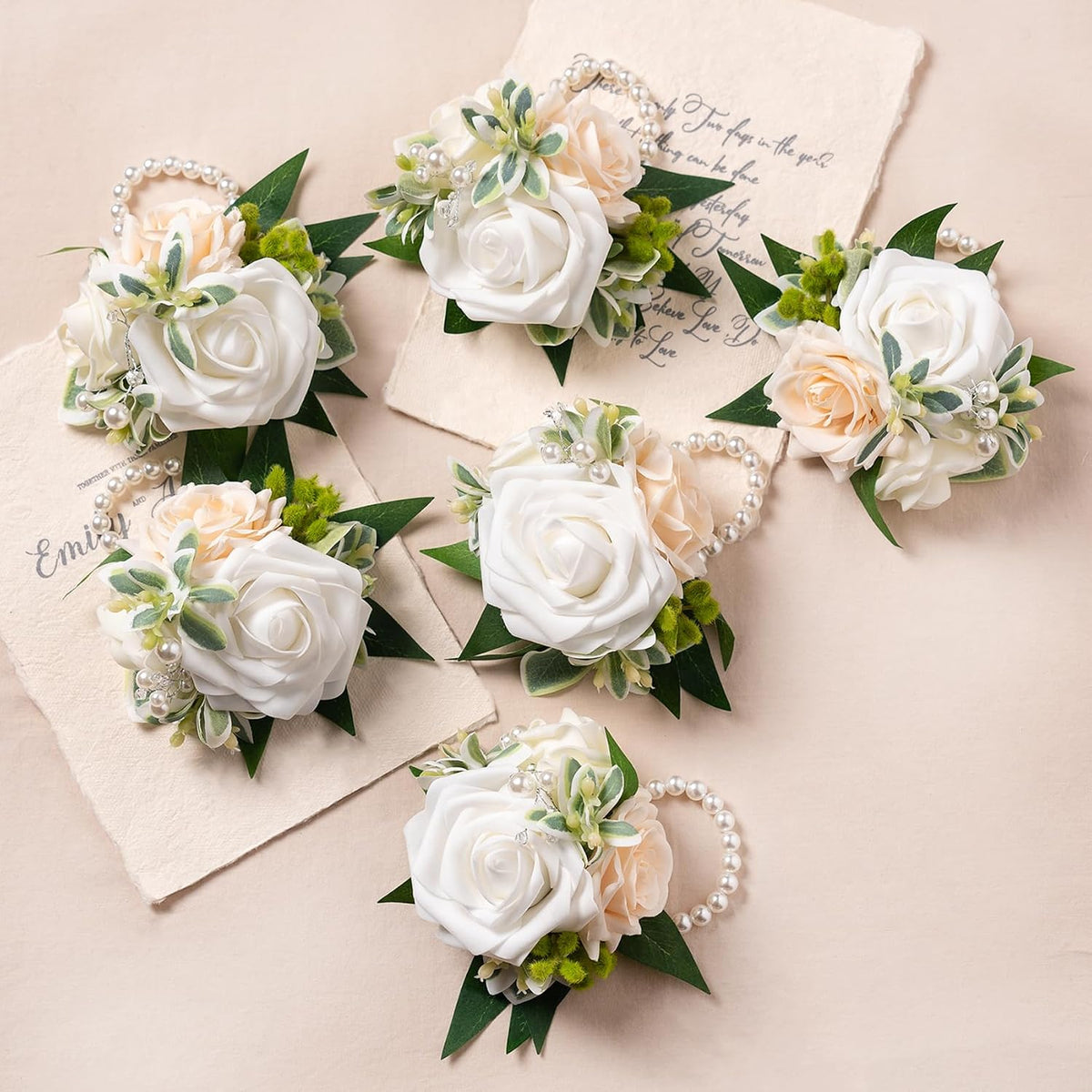 White Wrist Corsages, Set of 6,Faux Flowers for Women Wedding