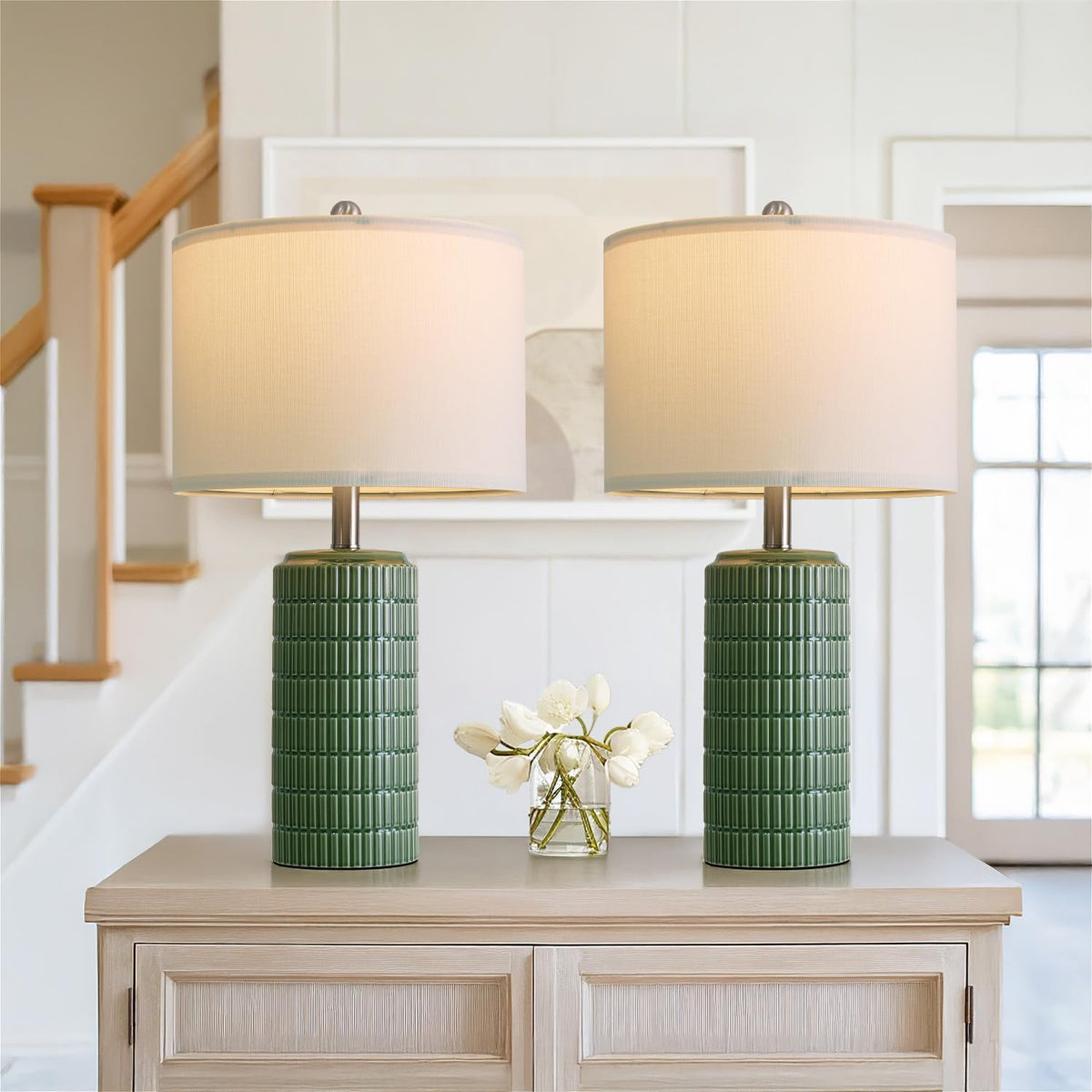 PoKat 23" Dark Green Ceramic Table Lamps Set of 2, Modern Table Lamps for Living Room, Farmhouse Lamps for Bedroom Night Stands, Traditional Nightstand Desk Decor Lamps