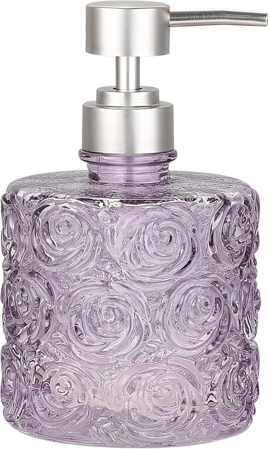 Marcella Glass Soap Dispenser with Soap Pump, Refillable 14 Ounce Capacity, Floral Design Rose Patterns, Heavy Weight Thick Glass for Bathroom, Premium Kitchen Soap Dispenser Lavender