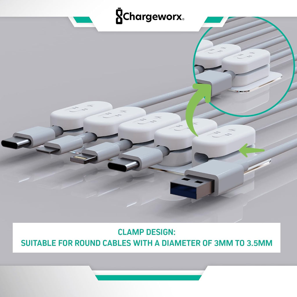 Chargeworx Magnetic Cable Holder Cable Management Multipurpose Desktop Cable Management System, 10-Pack, Great for USB-C, Lightning, Micro-USB & Other Cables Sticks to Any Surface (White - 10 Pack)