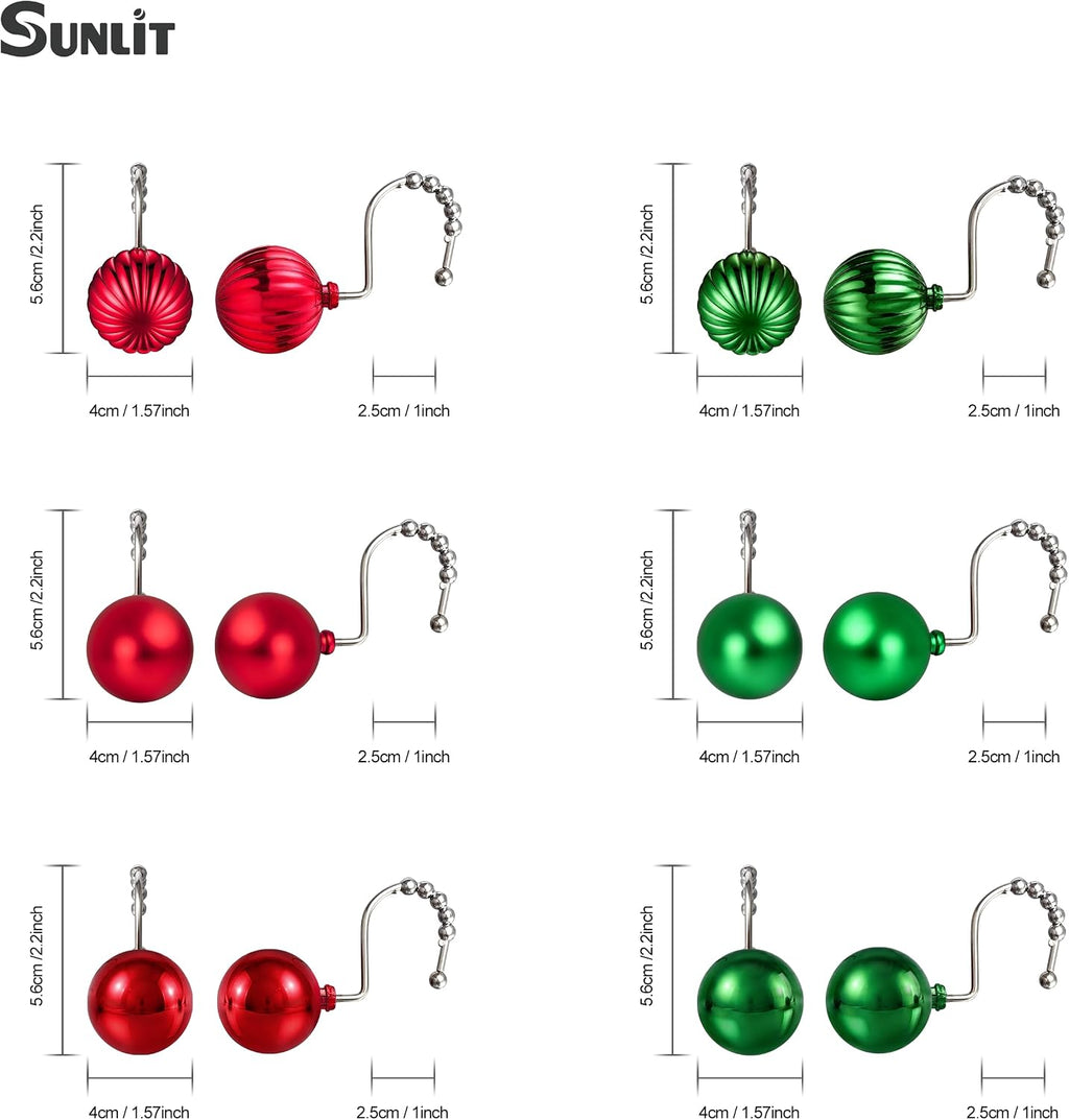 Sunlit Christmas Balls Decorative Shower Curtain Hooks, Shower Curtain Rings with Roller Balls, Xmas Theme Winter Holiday Bathroom Decoration, Set of 12, Red and Green