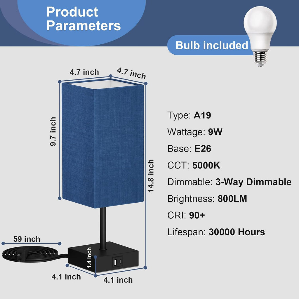 Bedside Table Lamp for Bedroom with 2USB Ports, 14-Inch, NavyBlue