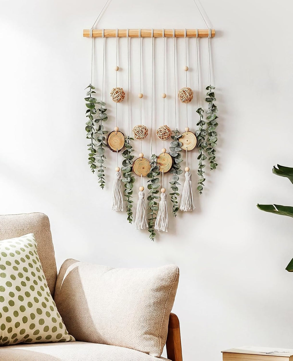 Fake Hanging Eucalyptus Wall Decor with Fake Greenery Leaves, Stems, and Wicker Ball, Artificial Eucalyptus Wall Hanging for Bathroom, Living Room, Bedroom Decor (24" L x 16" W)
