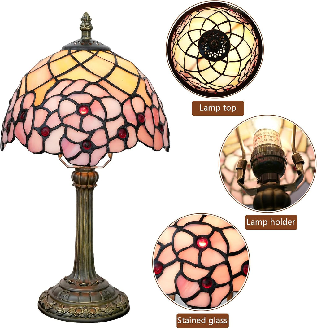 Tiffany Lamp Stained Glass Table Lamp Cherry Blossom Pink Small Bedside Lamp Living Room Dining Room Office Decoration Desk Lamp Home Decoration Creative Gift