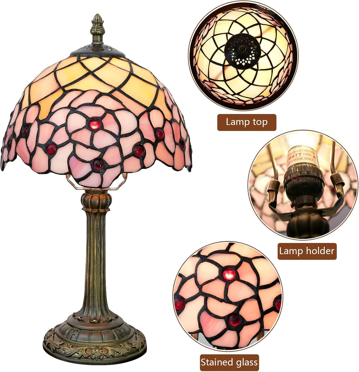Tiffany Lamp Stained Glass Table Lamp Cherry Blossom Pink Small Bedside Lamp Living Room Dining Room Office Decoration Desk Lamp Home Decoration Creative Gift