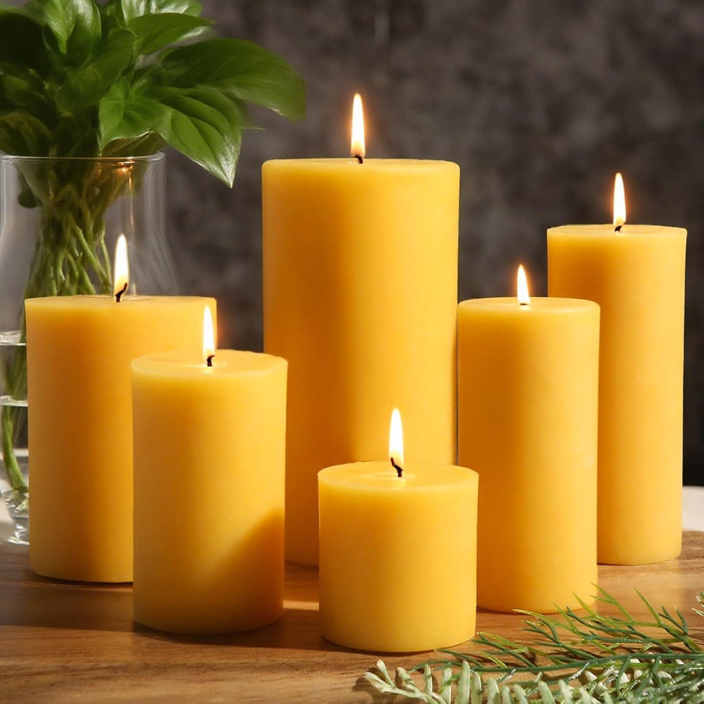 Beeswax Candles Set of 6, Non Toxic Natural Pillar Candle Bulk
