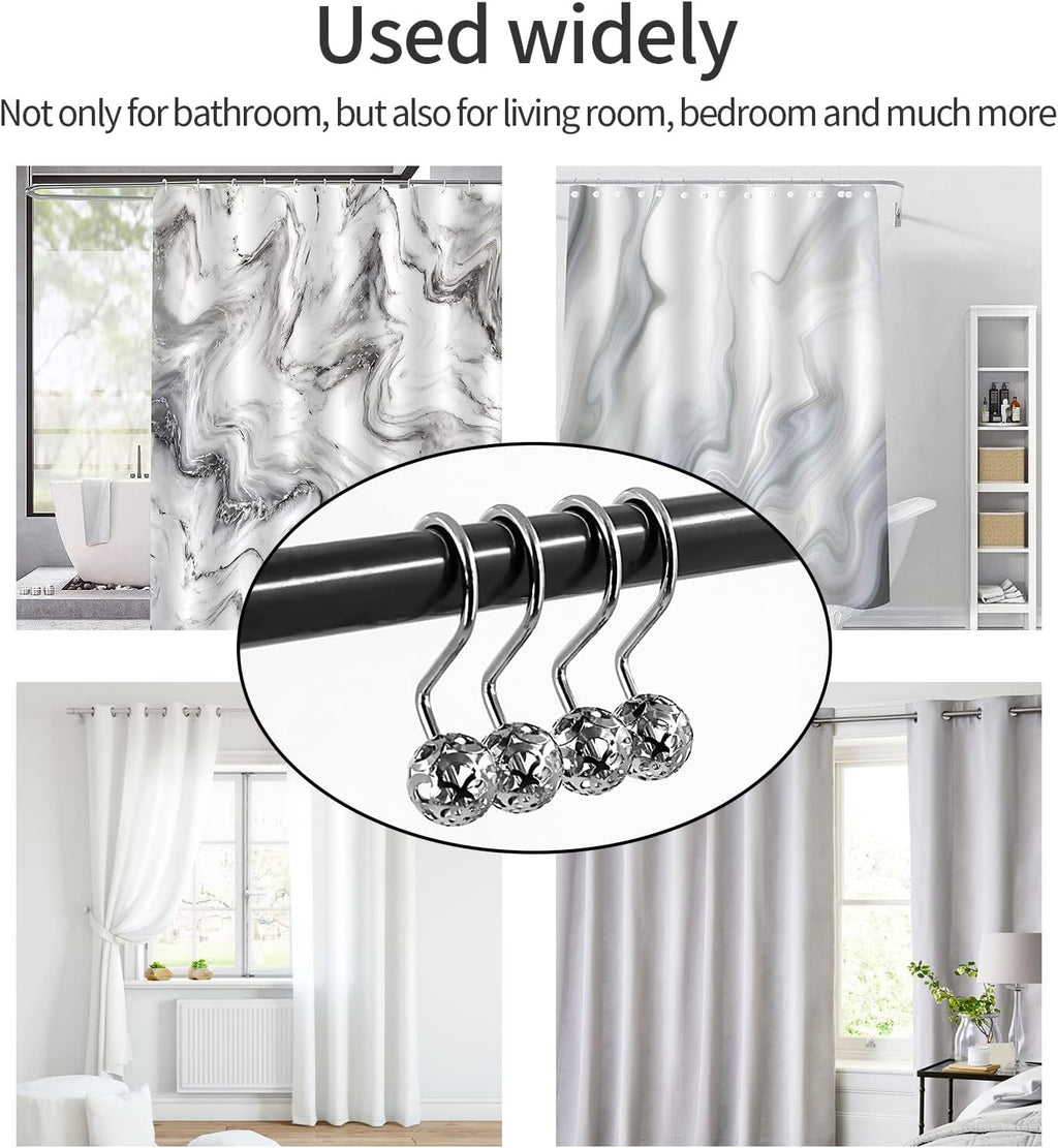 MitoVilla Silver Metal Shower Curtain Rings and Hooks, Chrome Metal Hollow Ball Rust Proof Rings for Curtain Liner and Bathroom Shower Rod Accessories