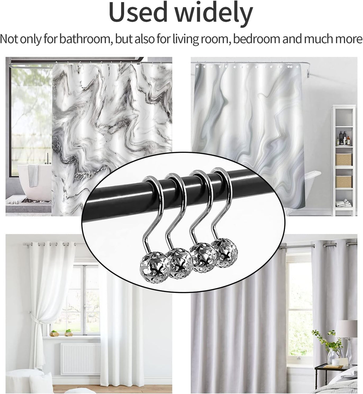 MitoVilla Silver Metal Shower Curtain Rings and Hooks, Chrome Metal Hollow Ball Rust Proof Rings for Curtain Liner and Bathroom Shower Rod Accessories